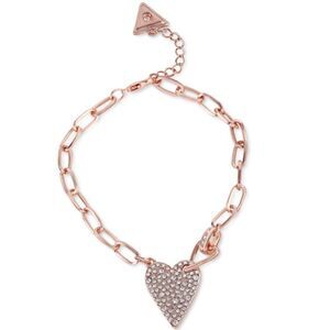 Guess Pave Heart Paperclip Link Chain Bracelet rose gold